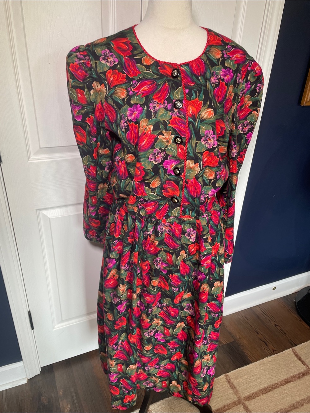 Vintage 1980s Maggy (London) Boutique Tulip Print Cotton Midi Secretary Dress 14